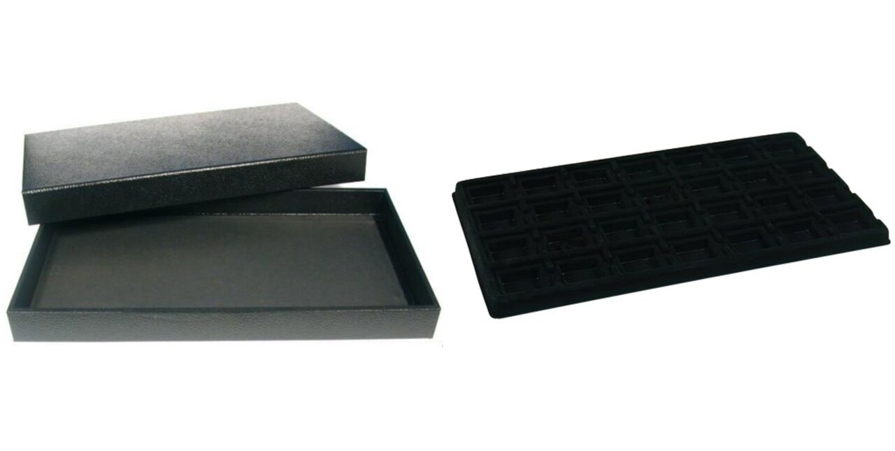 Black Jewelry Display Case (Removable Magnetic Lid) w/ Blck 28-slot Plastic Tray